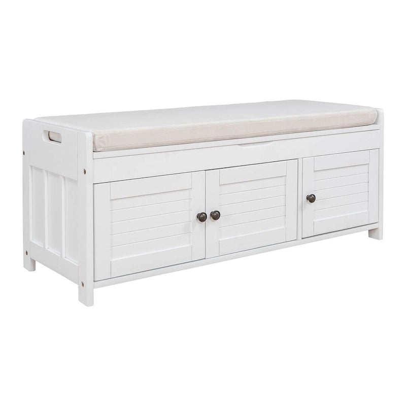 Banc à chaussures rembourré 3 portes de style rustique avec coussin amovible et espace de rangement dissimulé