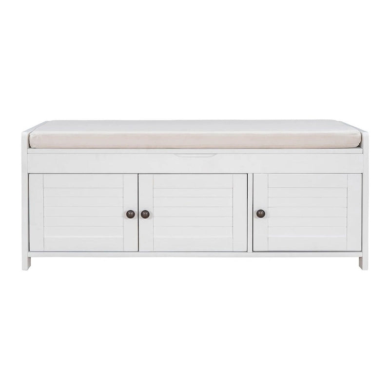 Banc à chaussures rembourré 3 portes de style rustique avec coussin amovible et espace de rangement dissimulé