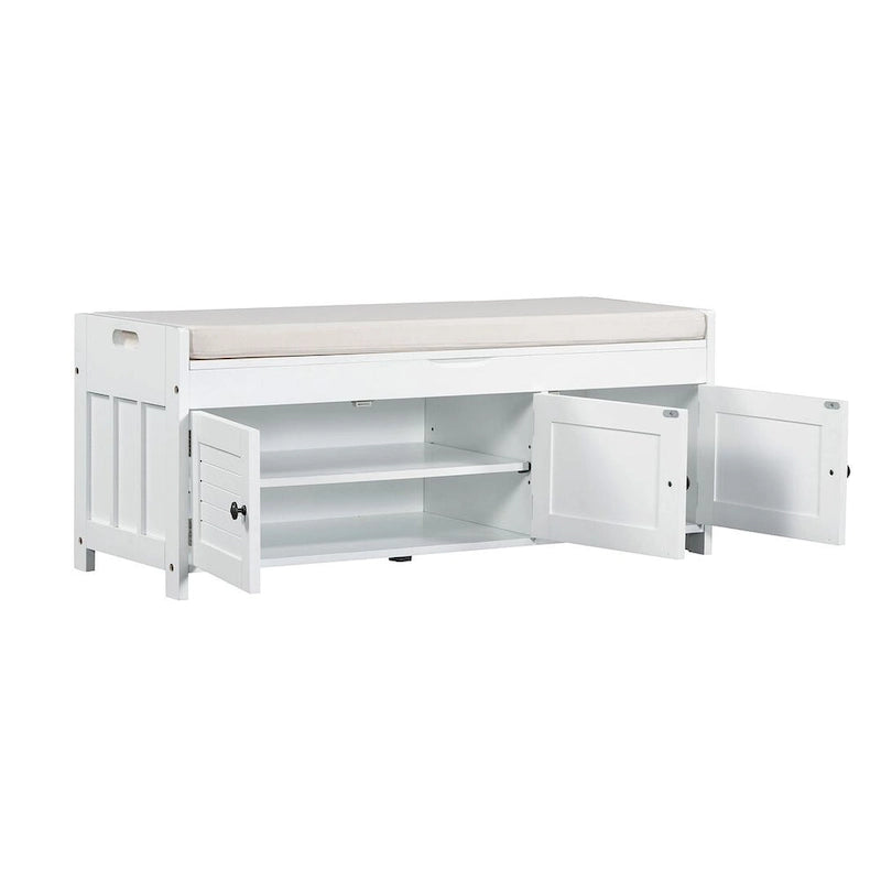 Banc à chaussures rembourré 3 portes de style rustique avec coussin amovible et espace de rangement dissimulé
