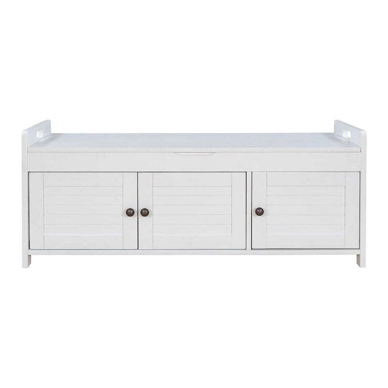 Banc à chaussures rembourré 3 portes de style rustique avec coussin amovible et espace de rangement dissimulé
