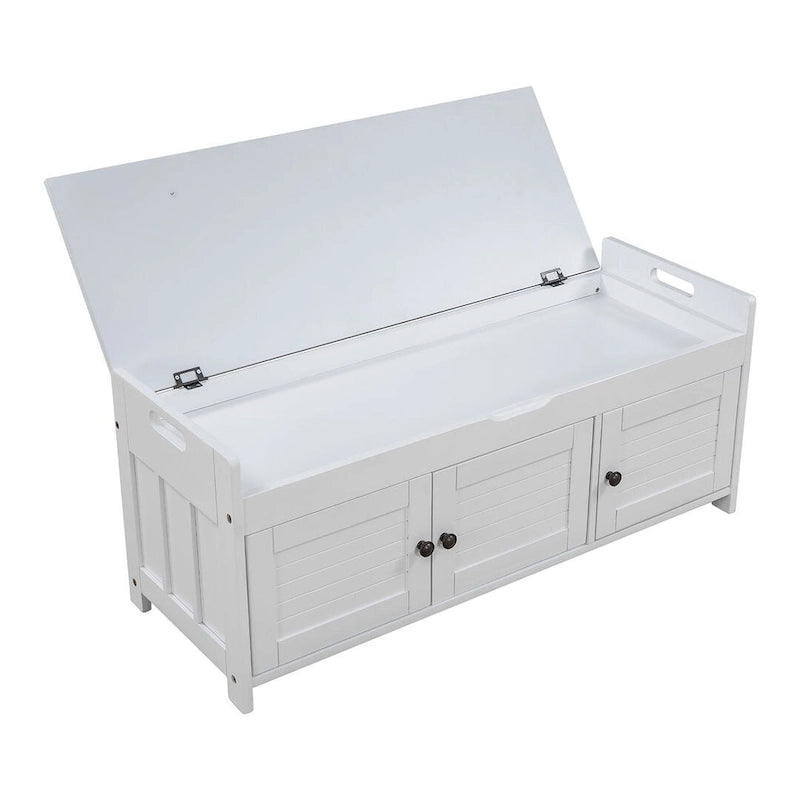 Banc à chaussures rembourré 3 portes de style rustique avec coussin amovible et espace de rangement dissimulé
