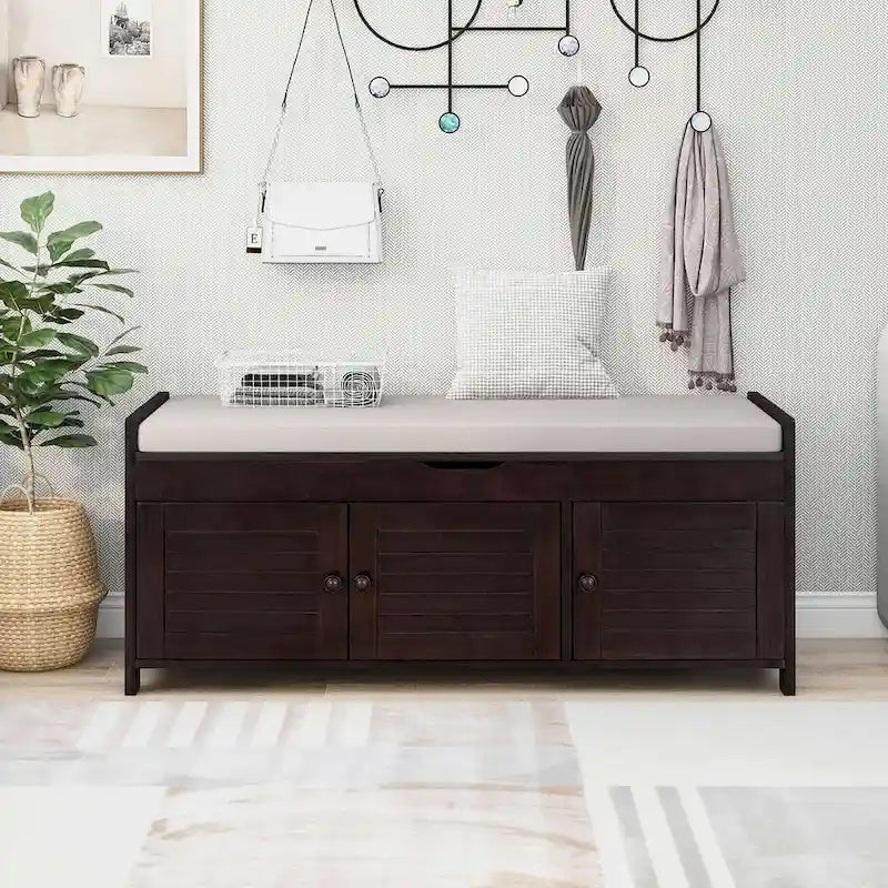 Banc à chaussures rembourré 3 portes de style rustique avec coussin amovible et espace de rangement dissimulé