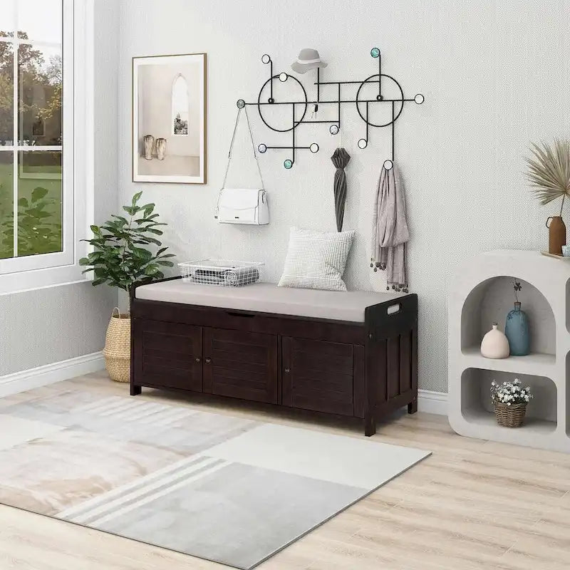 Banc à chaussures rembourré 3 portes de style rustique avec coussin amovible et espace de rangement dissimulé