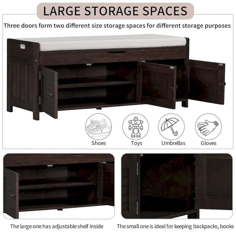 Banc à chaussures rembourré 3 portes de style rustique avec coussin amovible et espace de rangement dissimulé