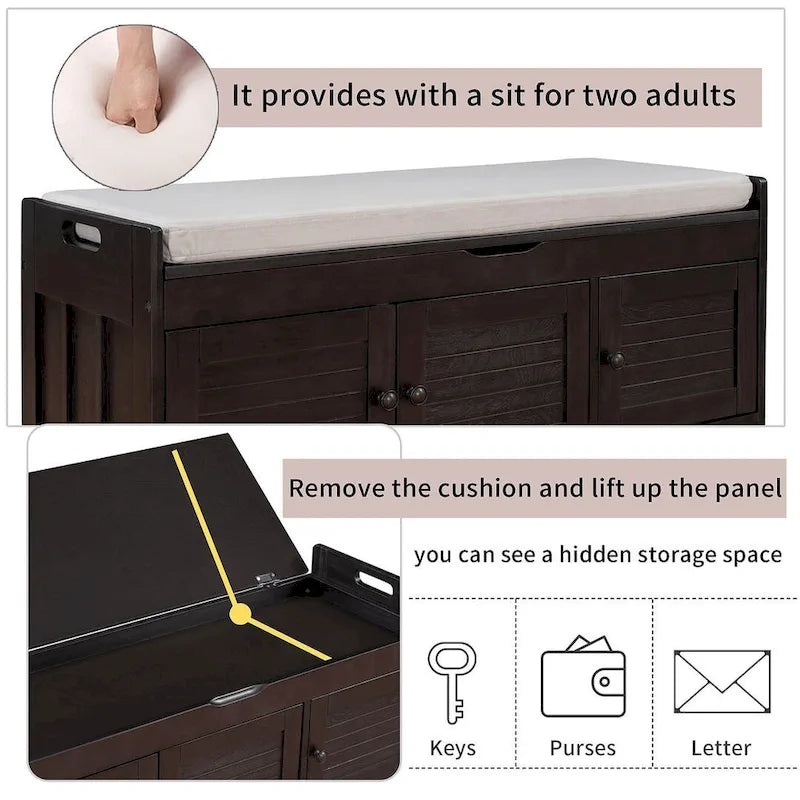 Banc à chaussures rembourré 3 portes de style rustique avec coussin amovible et espace de rangement dissimulé
