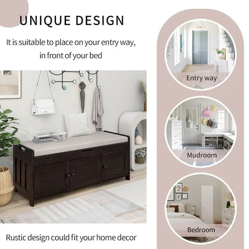 Banc à chaussures rembourré 3 portes de style rustique avec coussin amovible et espace de rangement dissimulé
