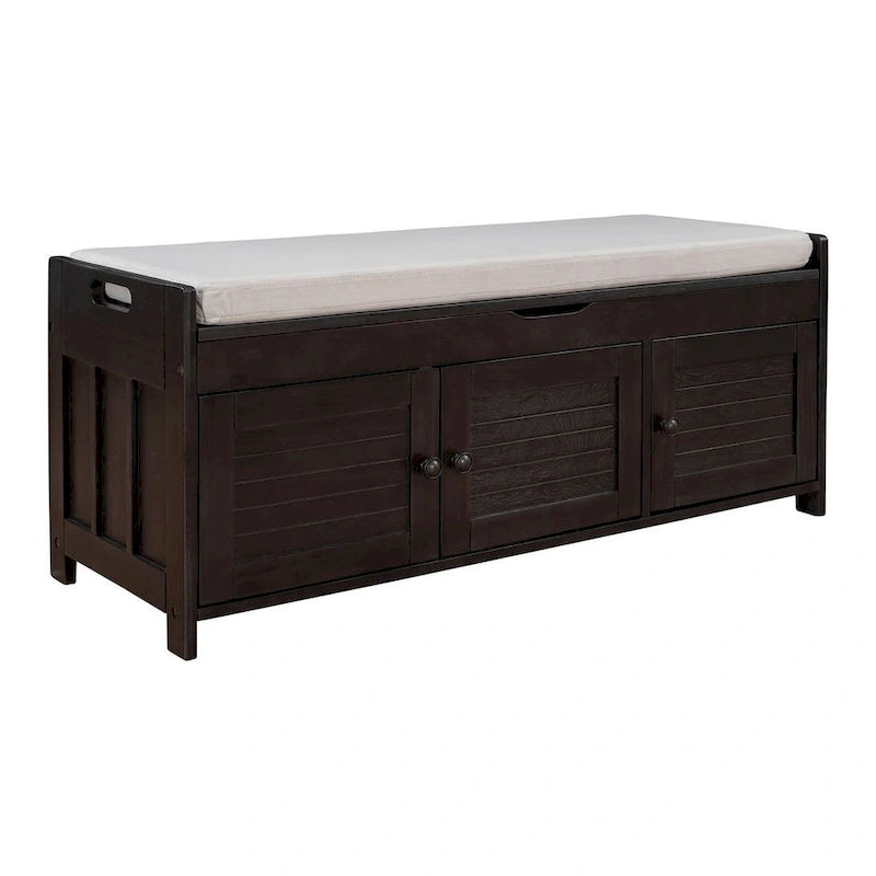 Banc à chaussures rembourré 3 portes de style rustique avec coussin amovible et espace de rangement dissimulé
