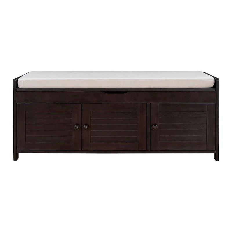 Banc à chaussures rembourré 3 portes de style rustique avec coussin amovible et espace de rangement dissimulé
