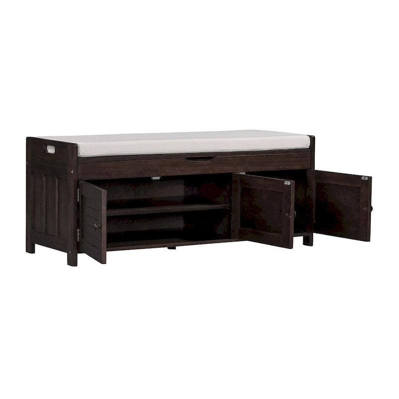 Banc à chaussures rembourré 3 portes de style rustique avec coussin amovible et espace de rangement dissimulé