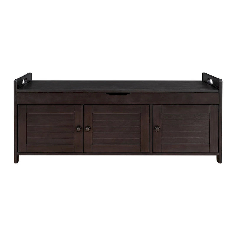 Banc à chaussures rembourré 3 portes de style rustique avec coussin amovible et espace de rangement dissimulé