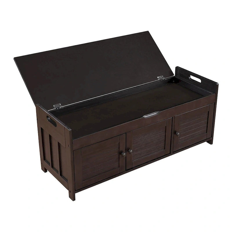 Banc à chaussures rembourré 3 portes de style rustique avec coussin amovible et espace de rangement dissimulé