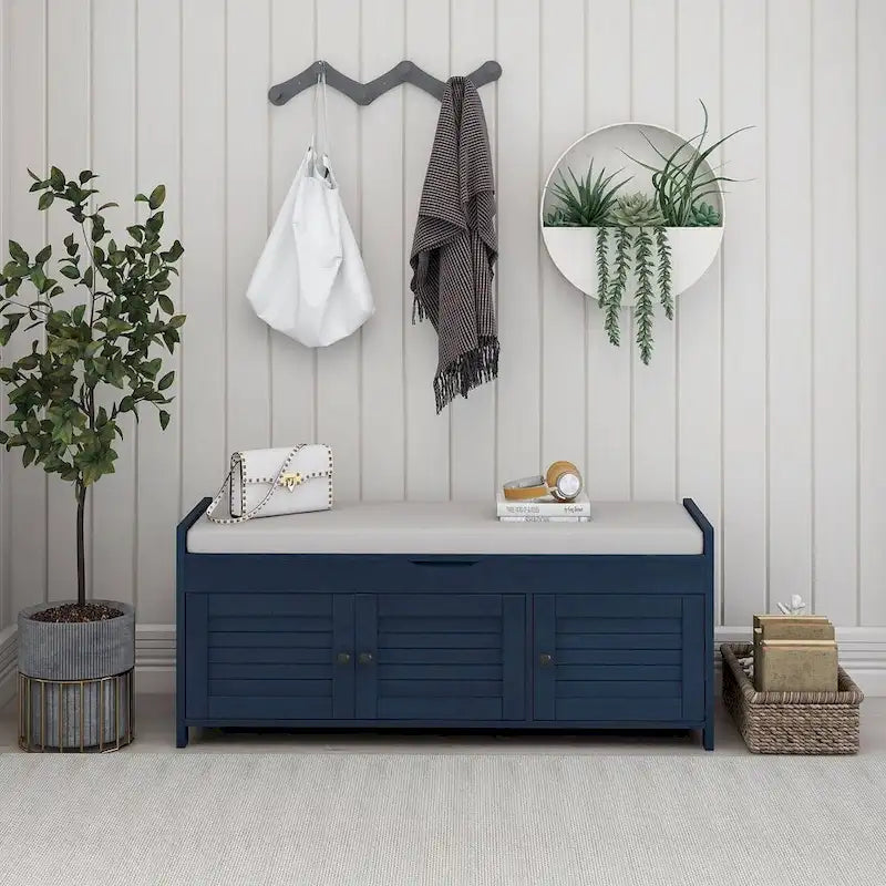 Banc à chaussures rembourré 3 portes de style rustique avec coussin amovible et espace de rangement dissimulé