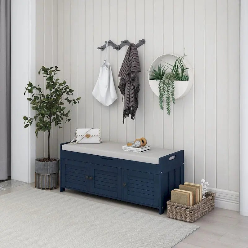 Banc à chaussures rembourré 3 portes de style rustique avec coussin amovible et espace de rangement dissimulé