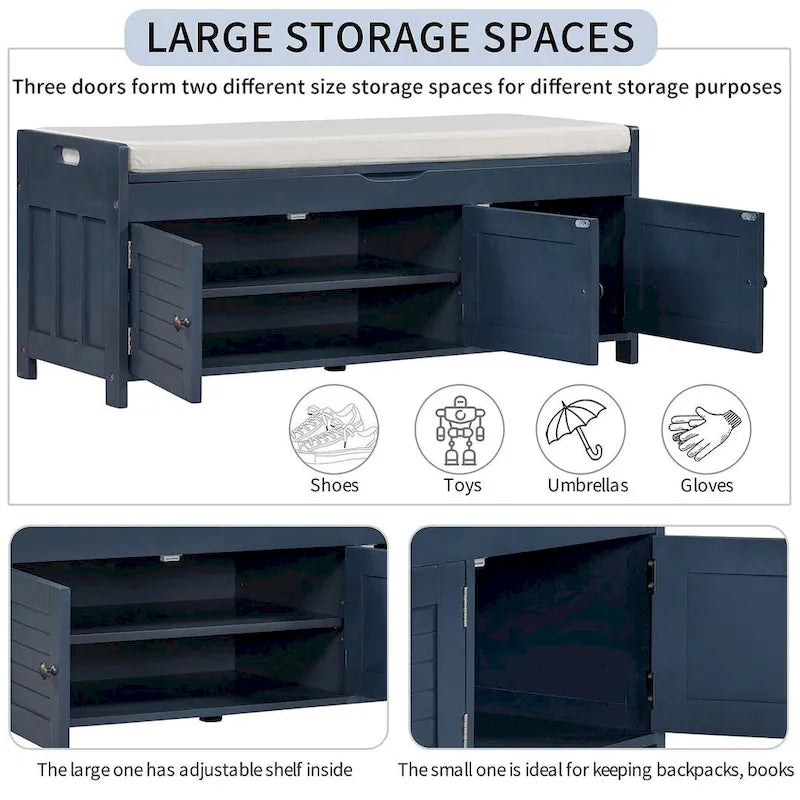 Banc à chaussures rembourré 3 portes de style rustique avec coussin amovible et espace de rangement dissimulé