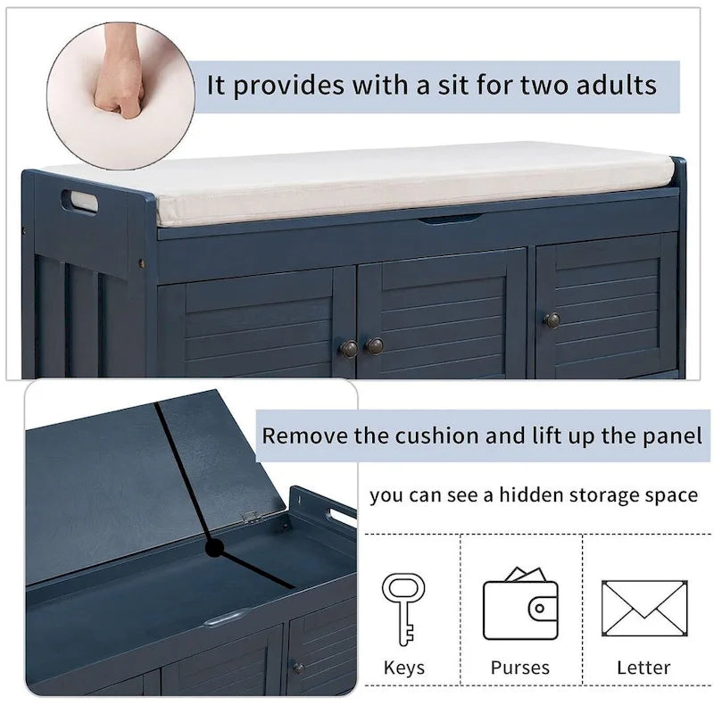 Banc à chaussures rembourré 3 portes de style rustique avec coussin amovible et espace de rangement dissimulé