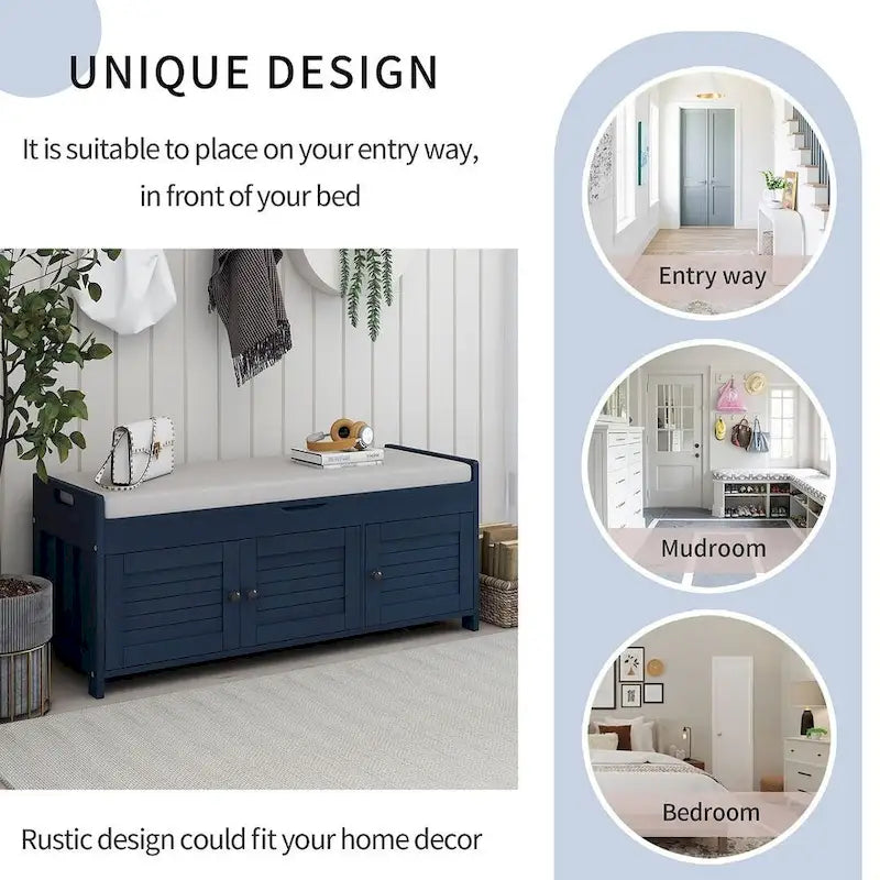 Banc à chaussures rembourré 3 portes de style rustique avec coussin amovible et espace de rangement dissimulé