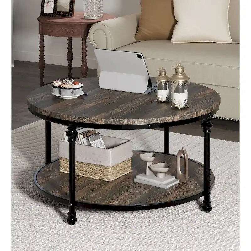 Table basse ronde de salon rustique avec étagère de rangement