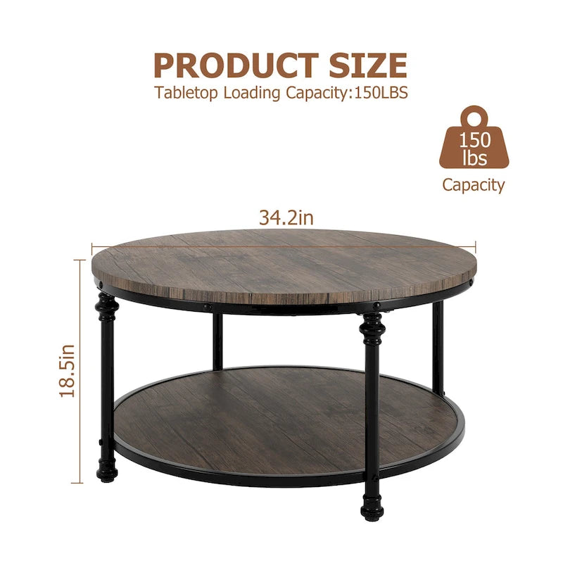 Table basse ronde de salon rustique avec étagère de rangement