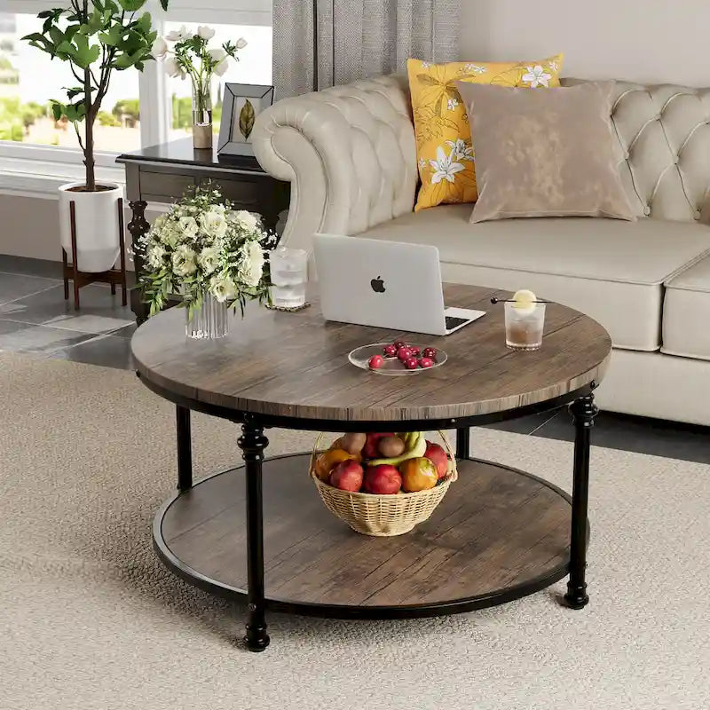 Table basse ronde de salon rustique avec étagère de rangement