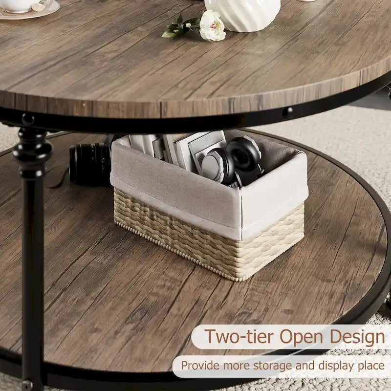 Table basse ronde de salon rustique avec étagère de rangement