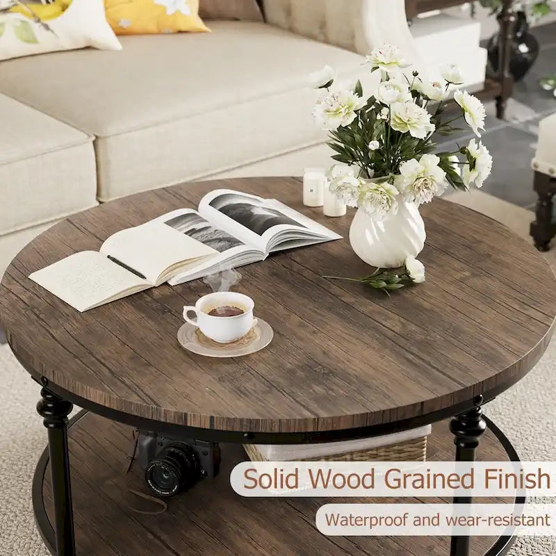 Table basse ronde de salon rustique avec étagère de rangement