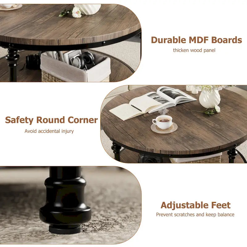 Table basse ronde de salon rustique avec étagère de rangement