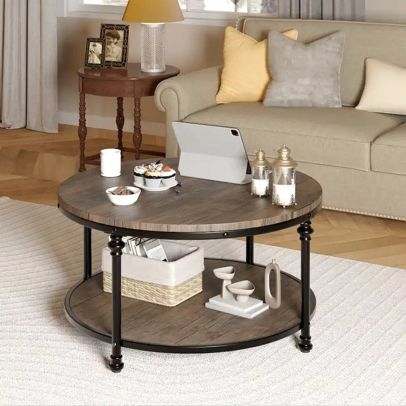 Table basse ronde de salon rustique avec étagère de rangement