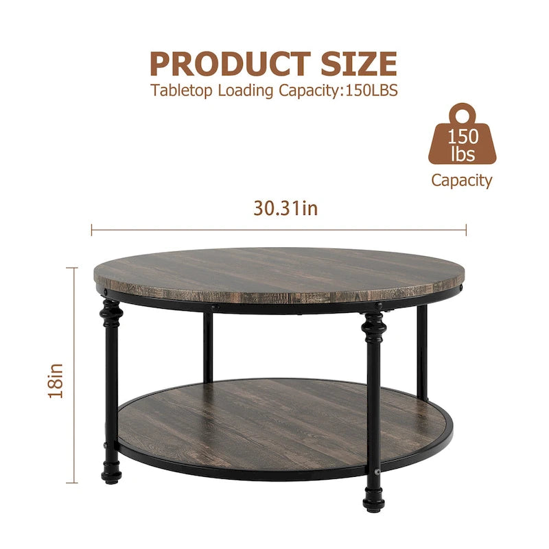 Table basse ronde de salon rustique avec étagère de rangement