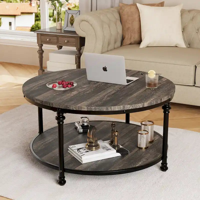 Table basse ronde de salon rustique avec étagère de rangement