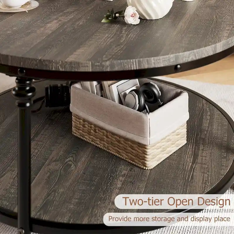 Table basse ronde de salon rustique avec étagère de rangement
