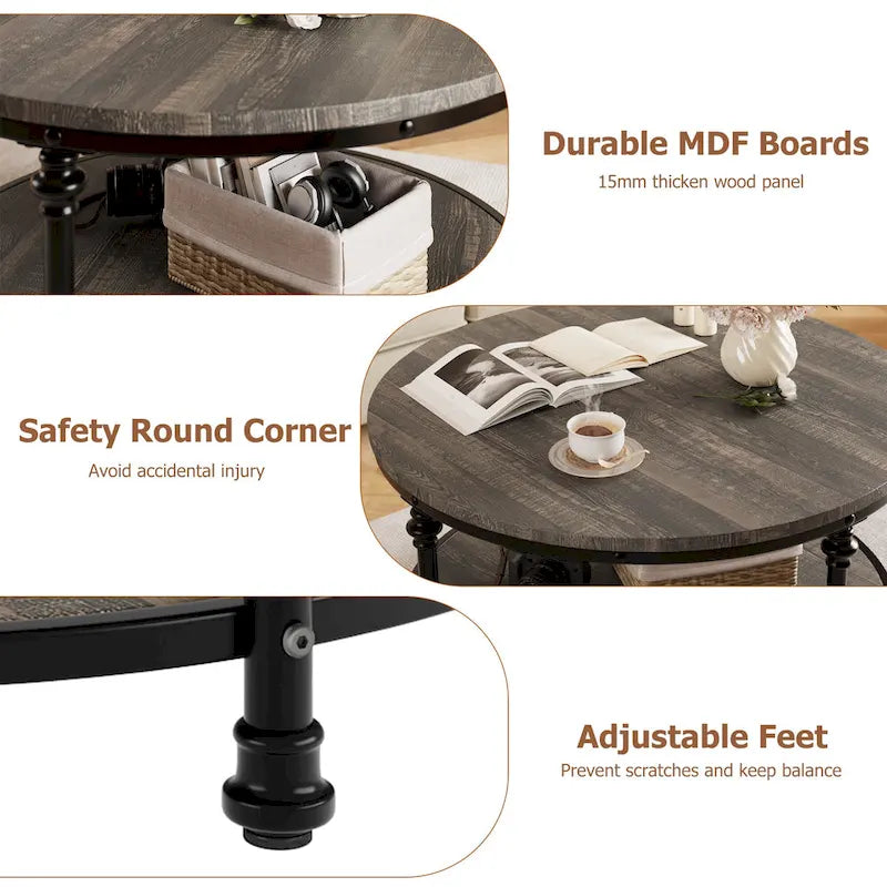 Table basse ronde de salon rustique avec étagère de rangement