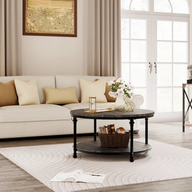 Table basse ronde de salon rustique avec étagère de rangement