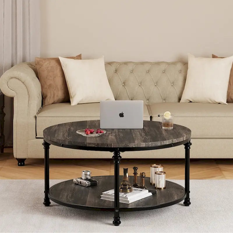 Table basse ronde de salon rustique avec étagère de rangement