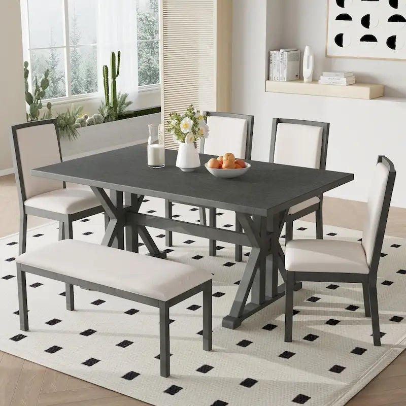 Ensemble de salle à manger rustique 6 pièces avec 4 chaises rembourrées et un banc