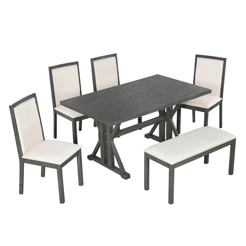 Ensemble de salle à manger rustique 6 pièces avec 4 chaises rembourrées et un banc
