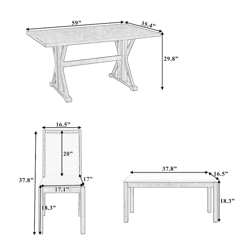 Ensemble de salle à manger rustique 6 pièces avec 4 chaises rembourrées et un banc