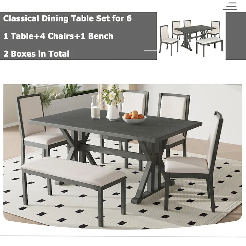 Ensemble de salle à manger rustique 6 pièces avec 4 chaises rembourrées et un banc