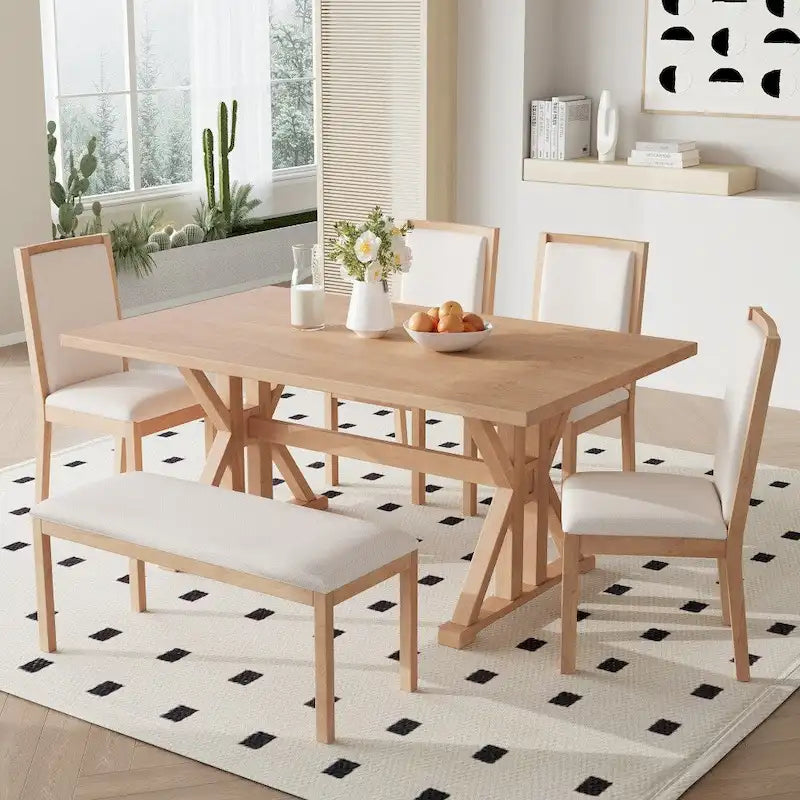 Ensemble de salle à manger rustique 6 pièces avec 4 chaises rembourrées et un banc