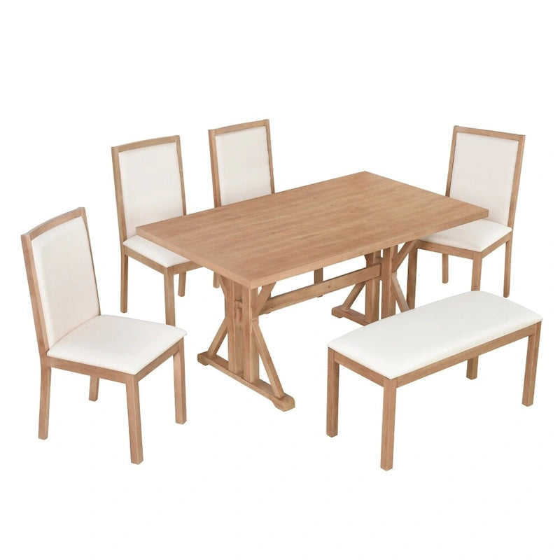 Ensemble de salle à manger rustique 6 pièces avec 4 chaises rembourrées et un banc