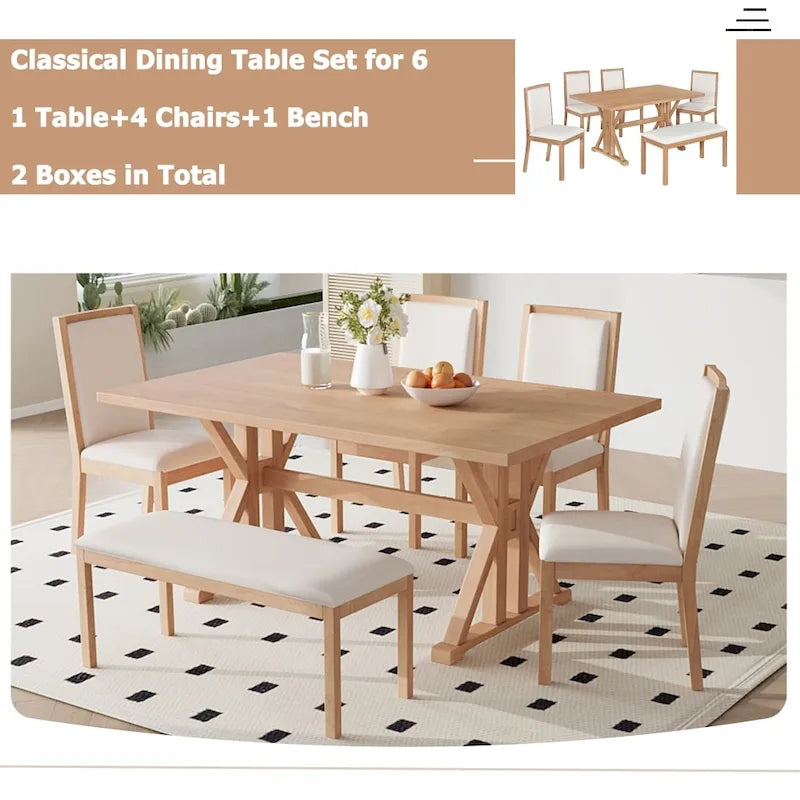 Ensemble de salle à manger rustique 6 pièces avec 4 chaises rembourrées et un banc