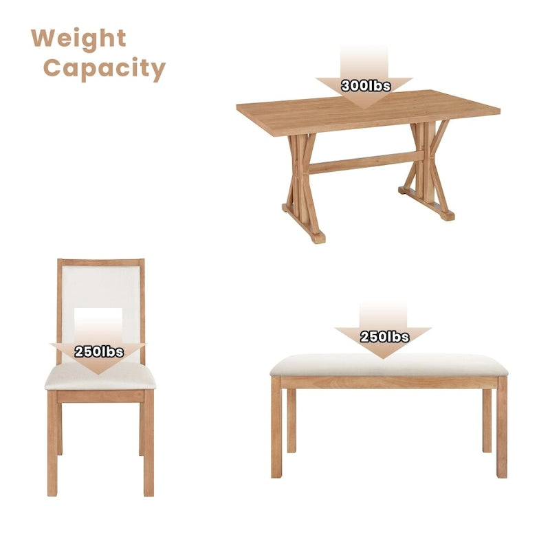 Ensemble de salle à manger rustique 6 pièces avec 4 chaises rembourrées et un banc