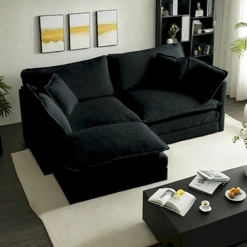 Canapé d'angle modulable en chenille 3 pièces avec pouf