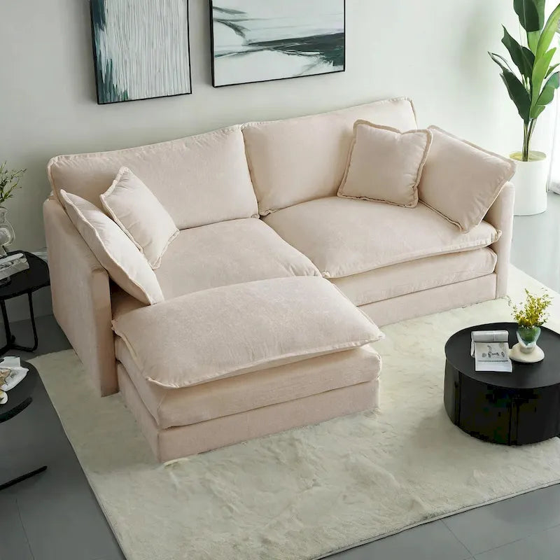 Canapé d'angle modulable en chenille 3 pièces avec pouf