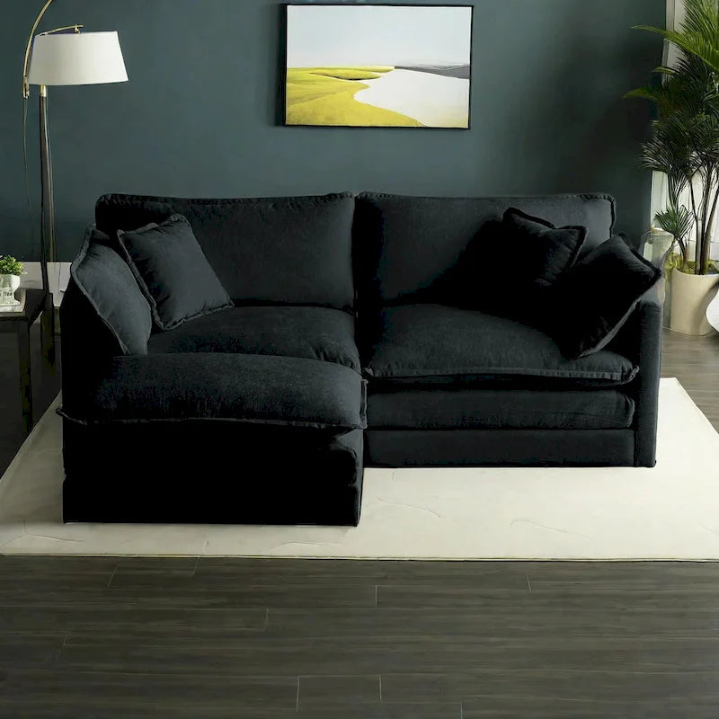 Canapé d'angle modulable en chenille 3 pièces avec pouf