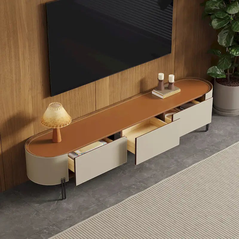 Meuble TV en cuir de 78,7 po, meuble de divertissement moderne avec 3 tiroirs