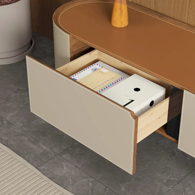 Meuble TV en cuir de 78,7 po, meuble de divertissement moderne avec 3 tiroirs