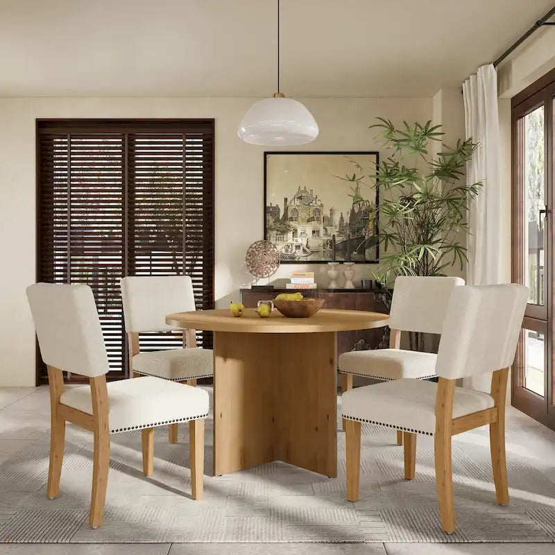 Ensemble de salle à manger moderne Sakin 5 pièces avec table ronde à piédestal et chaises rembourrées par GDFStudio