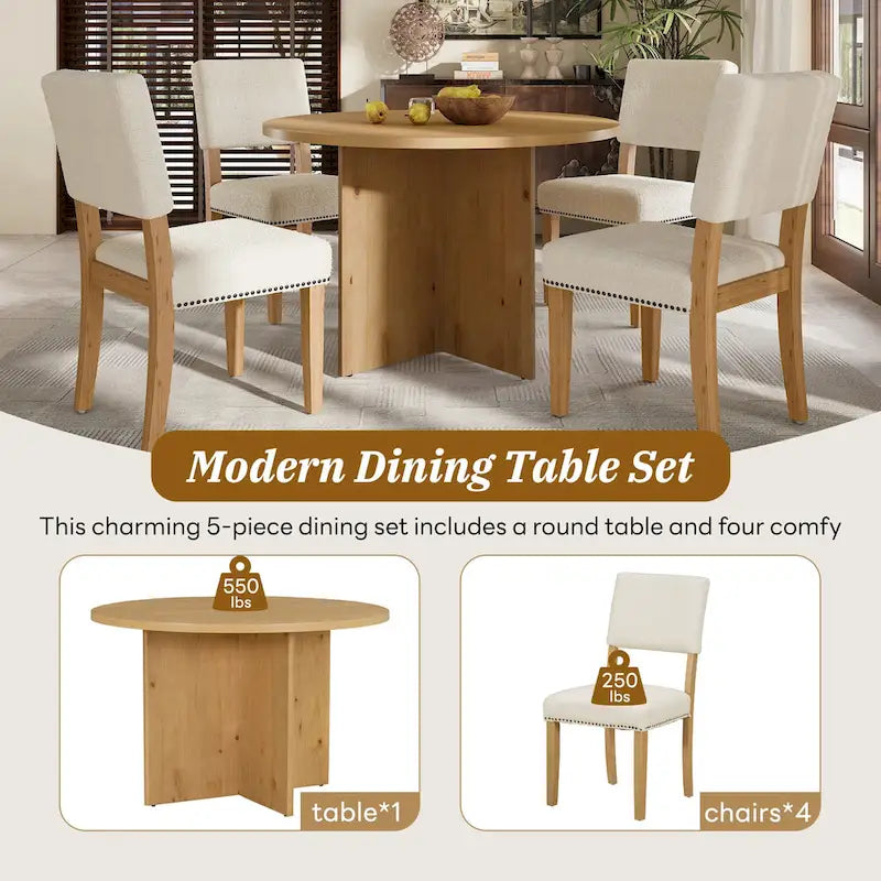 Ensemble de salle à manger moderne Sakin 5 pièces avec table ronde à piédestal et chaises rembourrées par GDFStudio