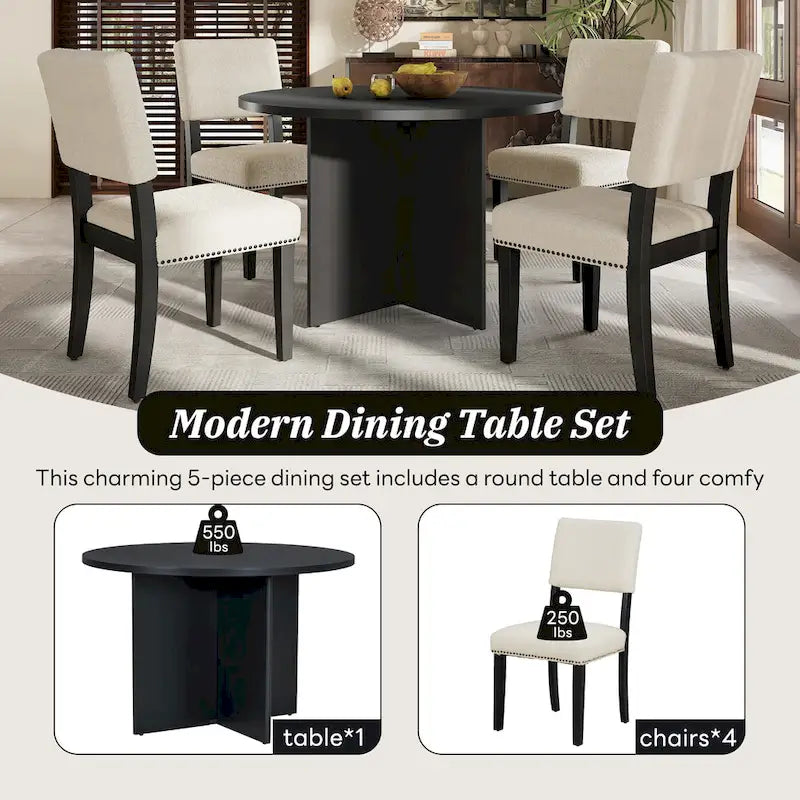 Ensemble de salle à manger moderne Sakin 5 pièces avec table ronde à piédestal et chaises rembourrées par GDFStudio