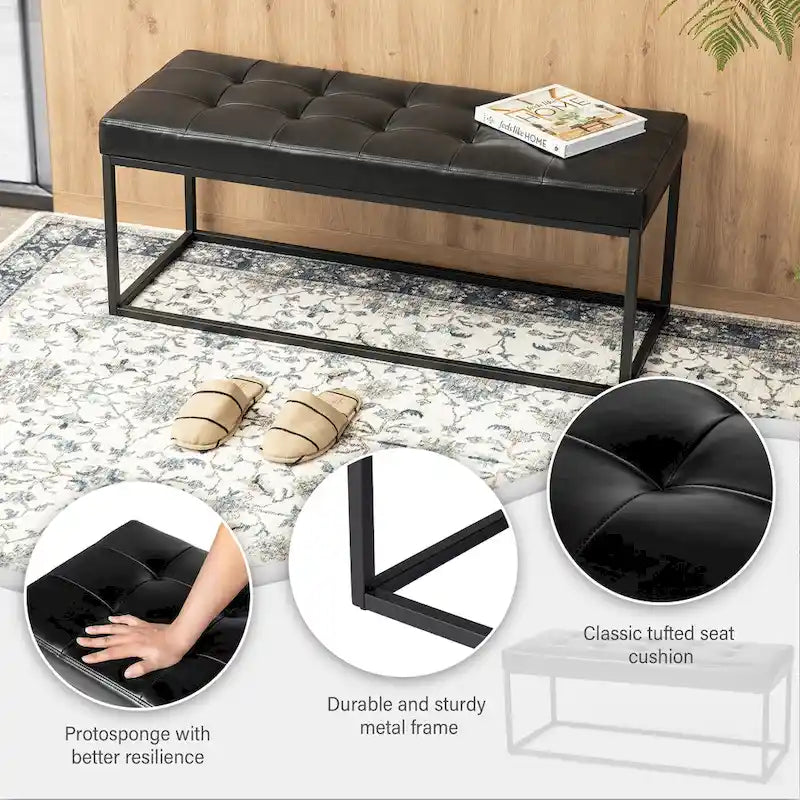 Banc capitonné moderne noir Glitzhome 45W avec pieds en métal - 45W x 19H x 17.5D